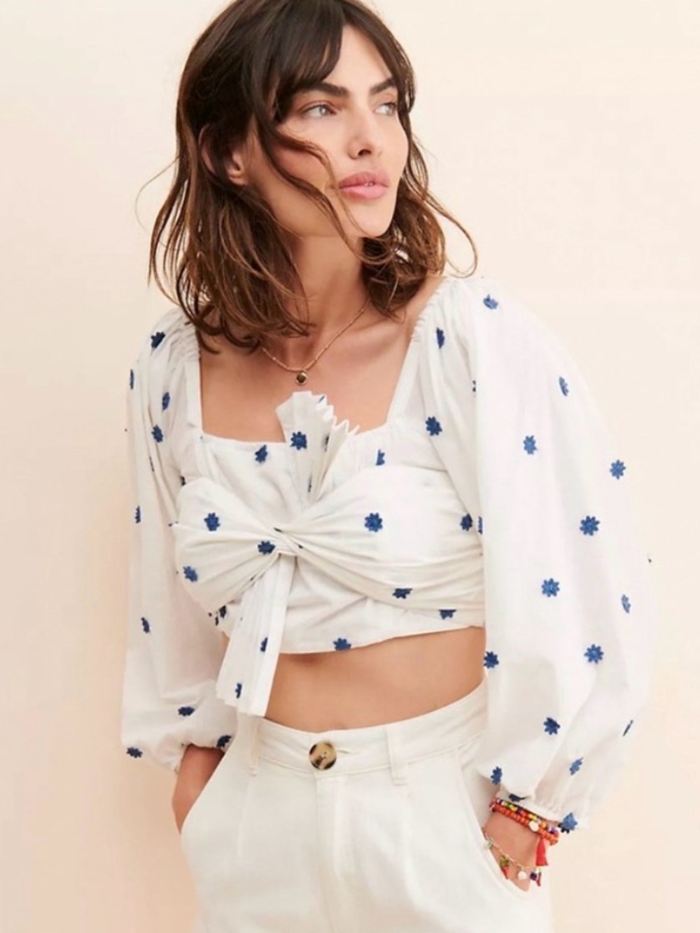 FARM Rio Blue Flowers Long Sleeve Crop Top - Medium
